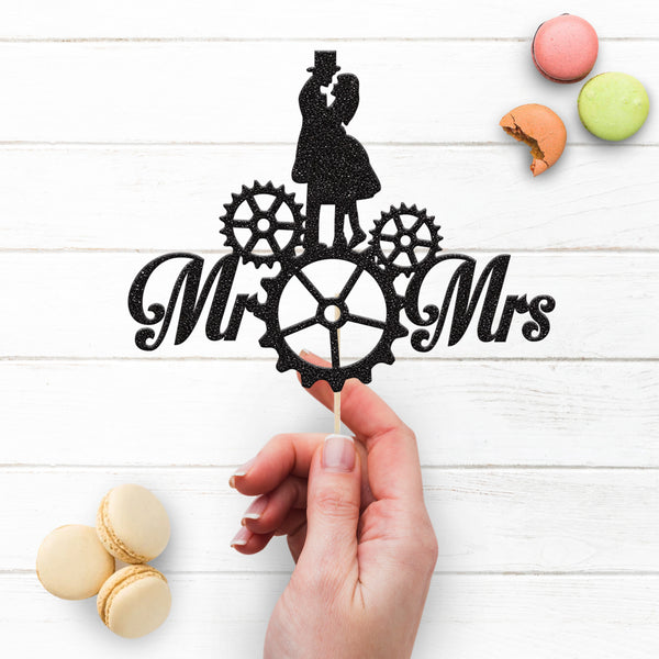 Mr & Mrs Steampunk Gears Wedding Cake Topper - view 3