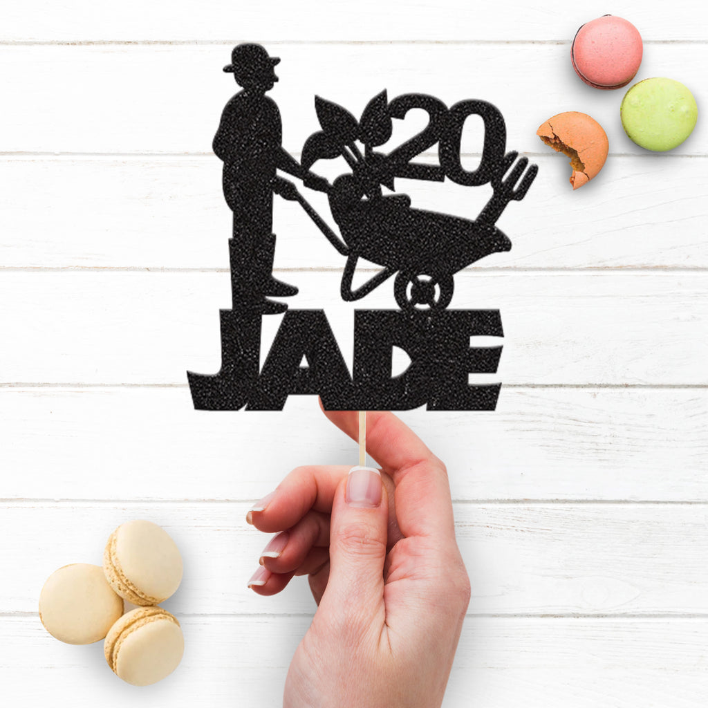 Personalised Gardener & Wheelbarrow Cake Topper – Name & Age - view 3