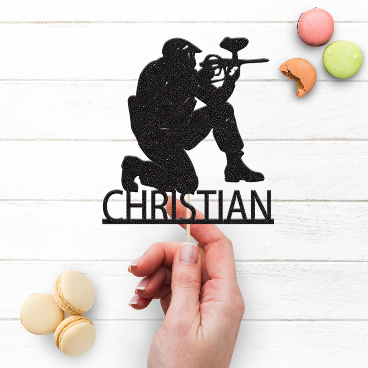 Personalised Kneeling Paintball Player Cake Topper – Name - view 3