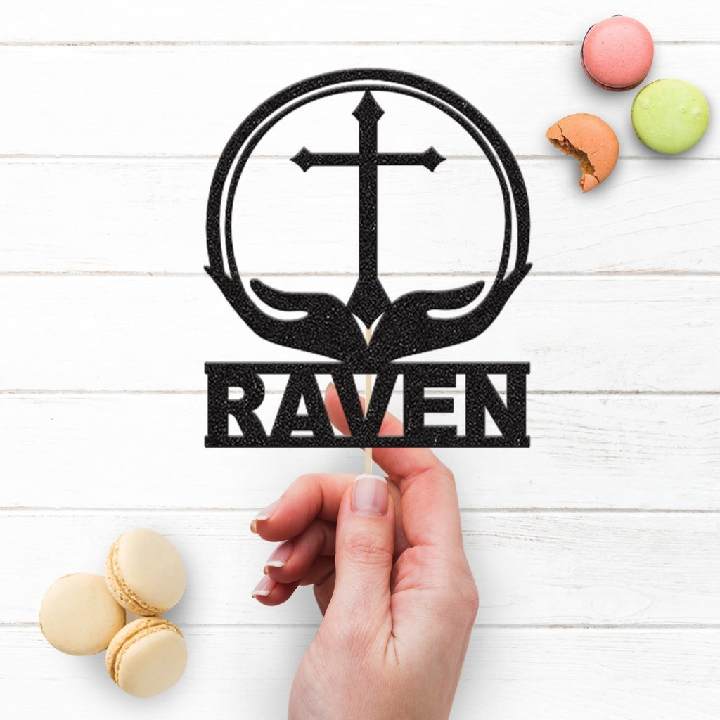 Personalised Cross & Cupped Hands Circle Cake Topper – Name - view 3