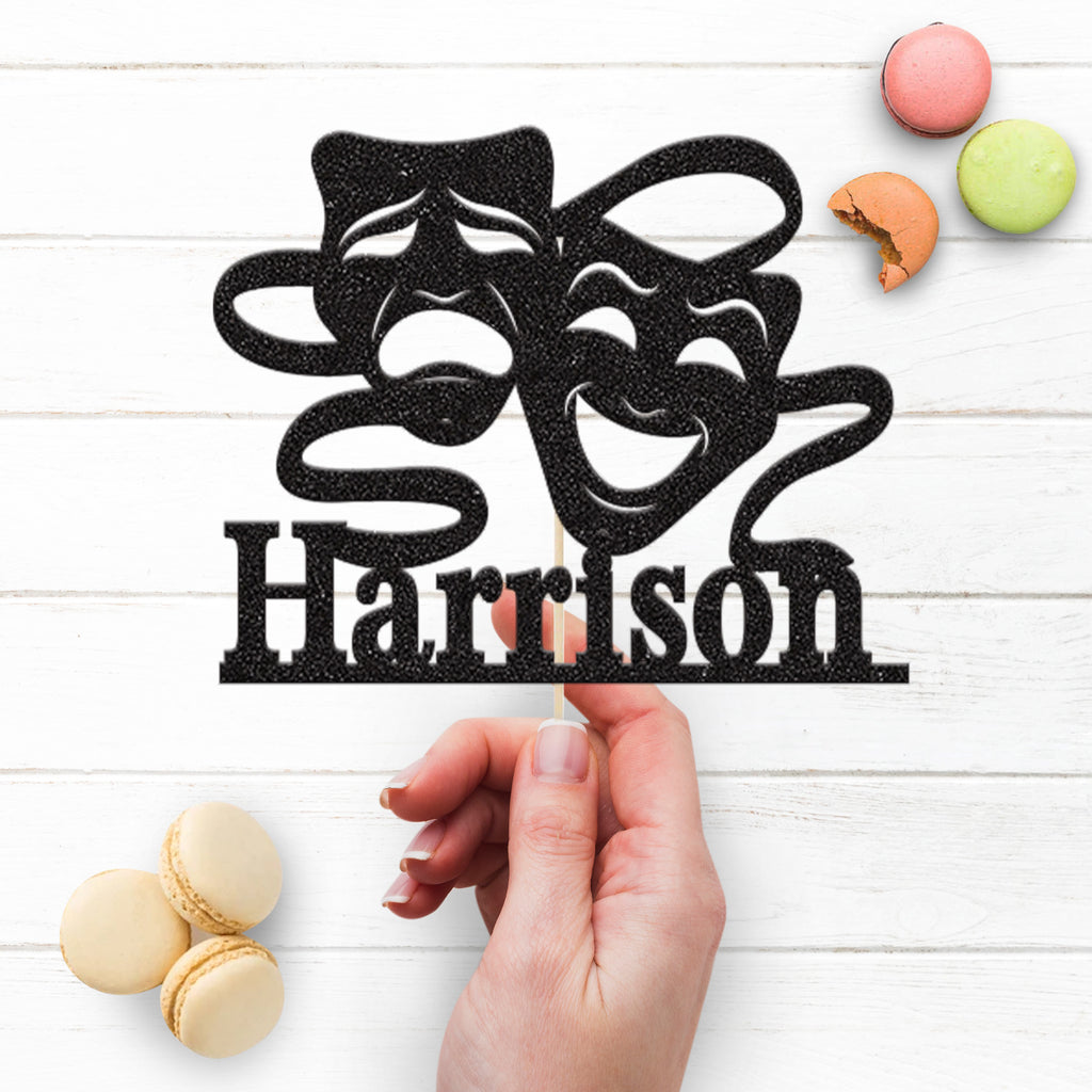 Personalised Theatre Masks & Ribbons Cake Topper – Name - view 3