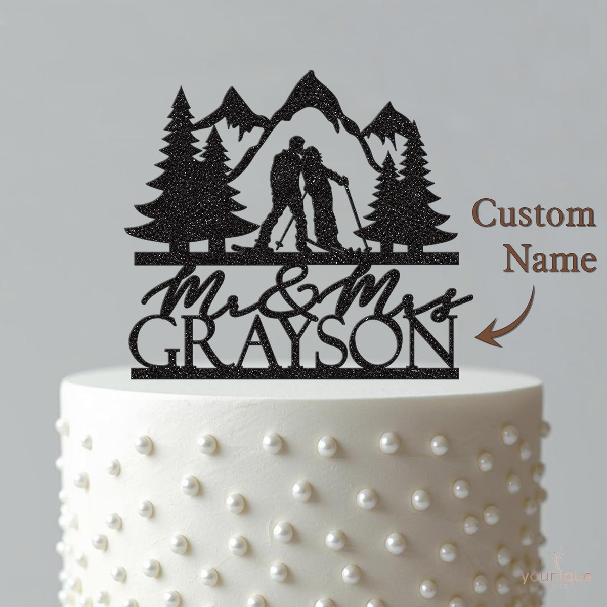 Personalised Skiing Couple Mountain Wedding Cake Topper – Surname - view 4