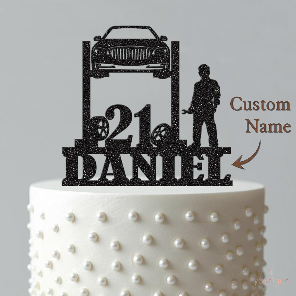 Personalised Mechanic Car Lift 21st Birthday Cake Topper – Name - view 4
