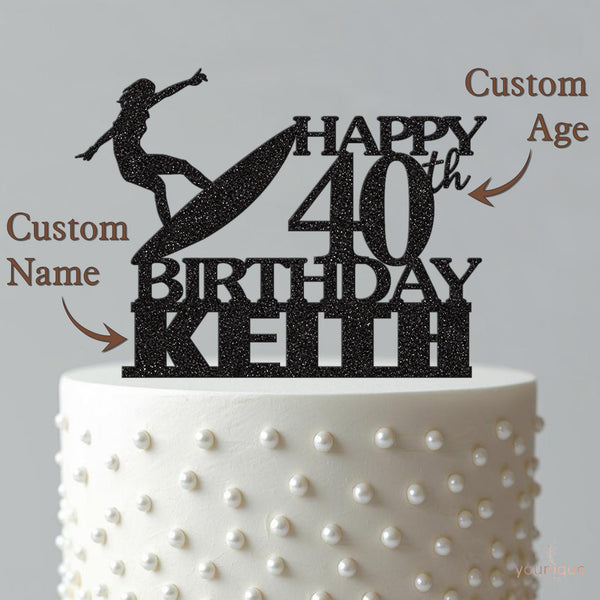Personalised Surfer & Surfboard Birthday Cake Topper – Name & Age - view 4