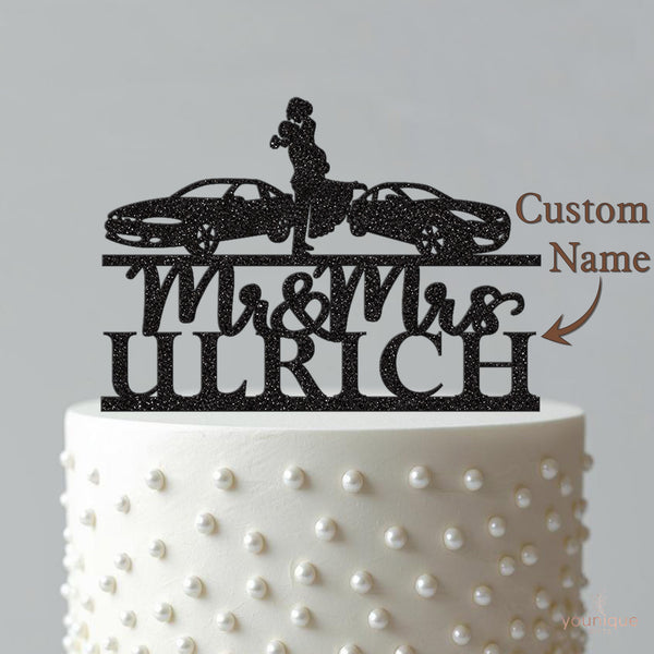 Personalised Twin Sports Cars Wedding Couple Cake Topper – Surname - view 4