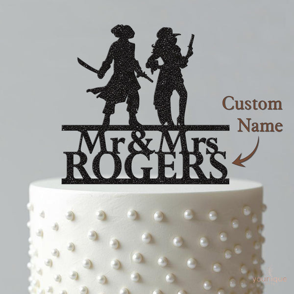 Personalised Pirate Couple Wedding Cake Topper – Surname - view 4