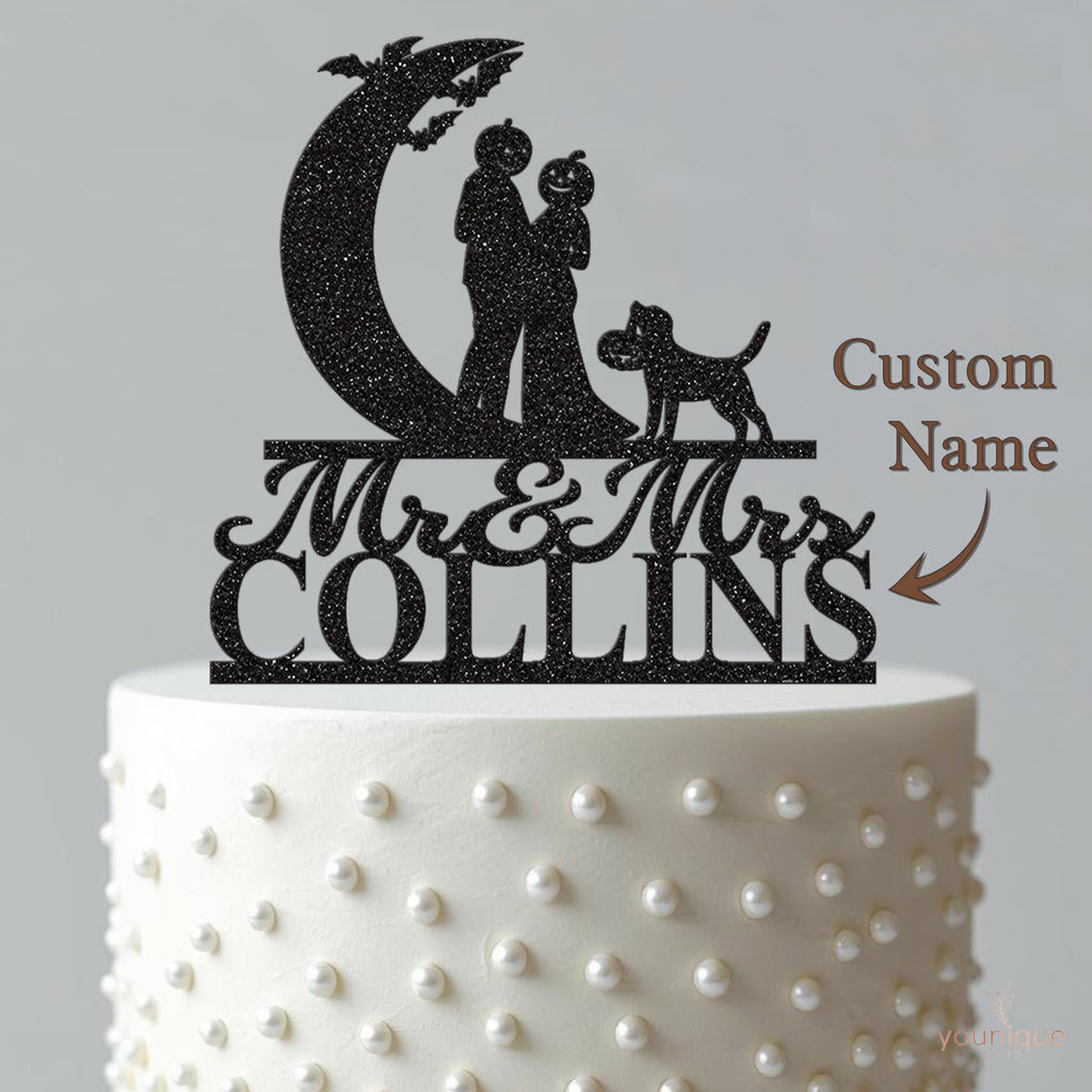 Personalised Pumpkin-Head Couple & Dog Halloween Wedding Cake Topper – Surname - view 4
