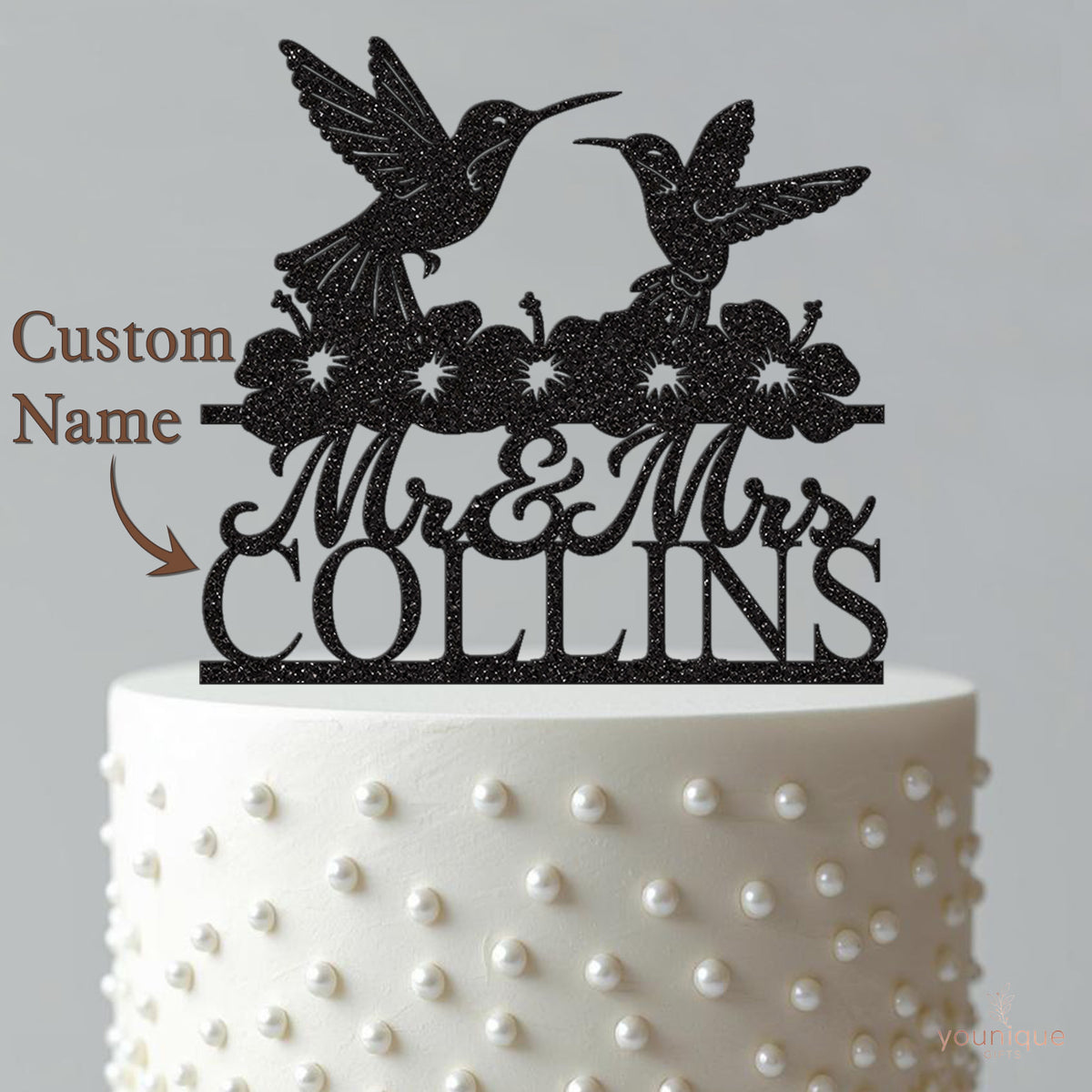Personalised Hummingbird Pair & Flowers Wedding Cake Topper – Surname - view 4