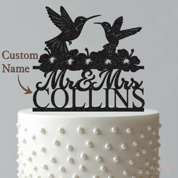Personalised Hummingbird Pair & Flowers Wedding Cake Topper – Surname - view 4