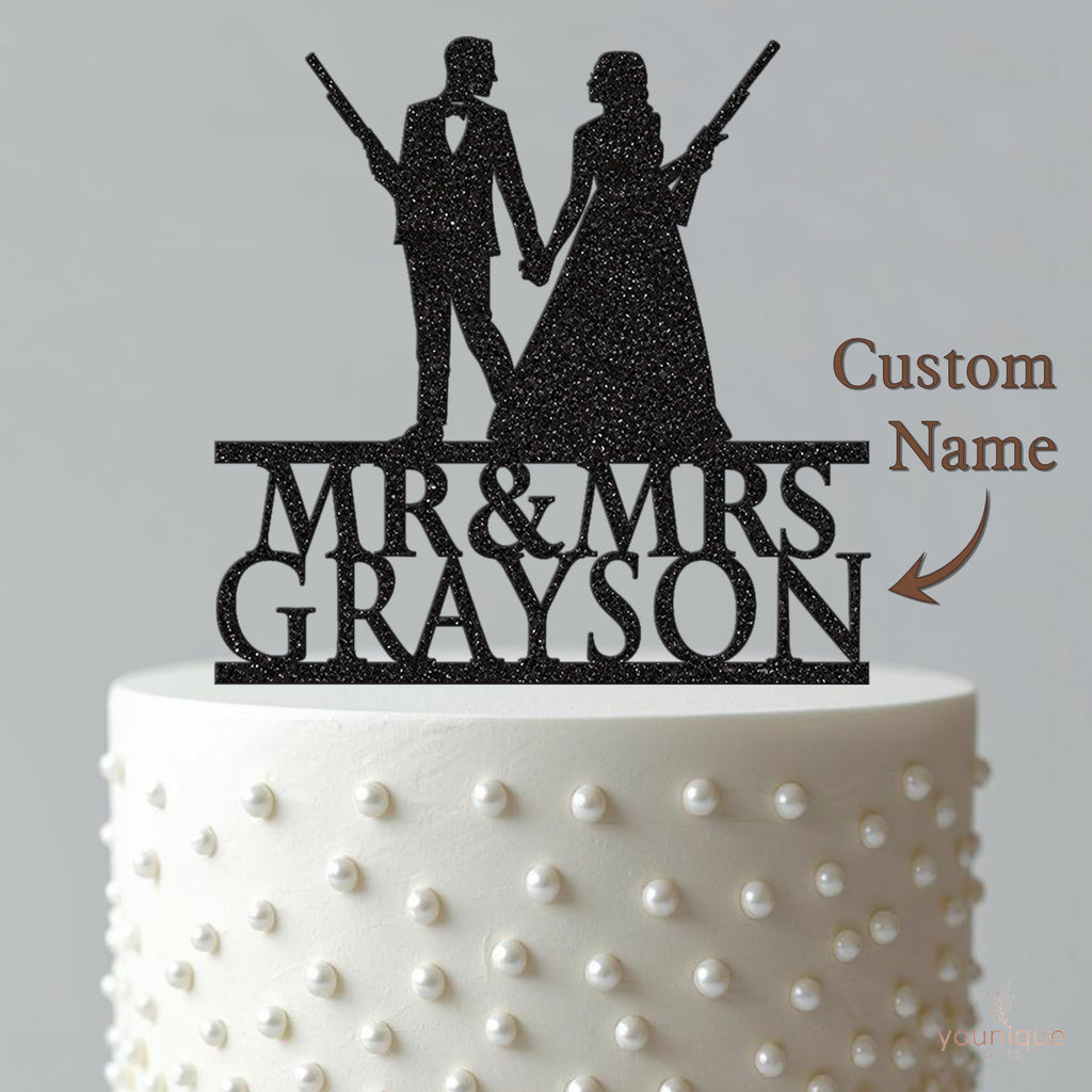 Personalised Shooting Couple Wedding Cake Topper – Surname - view 4