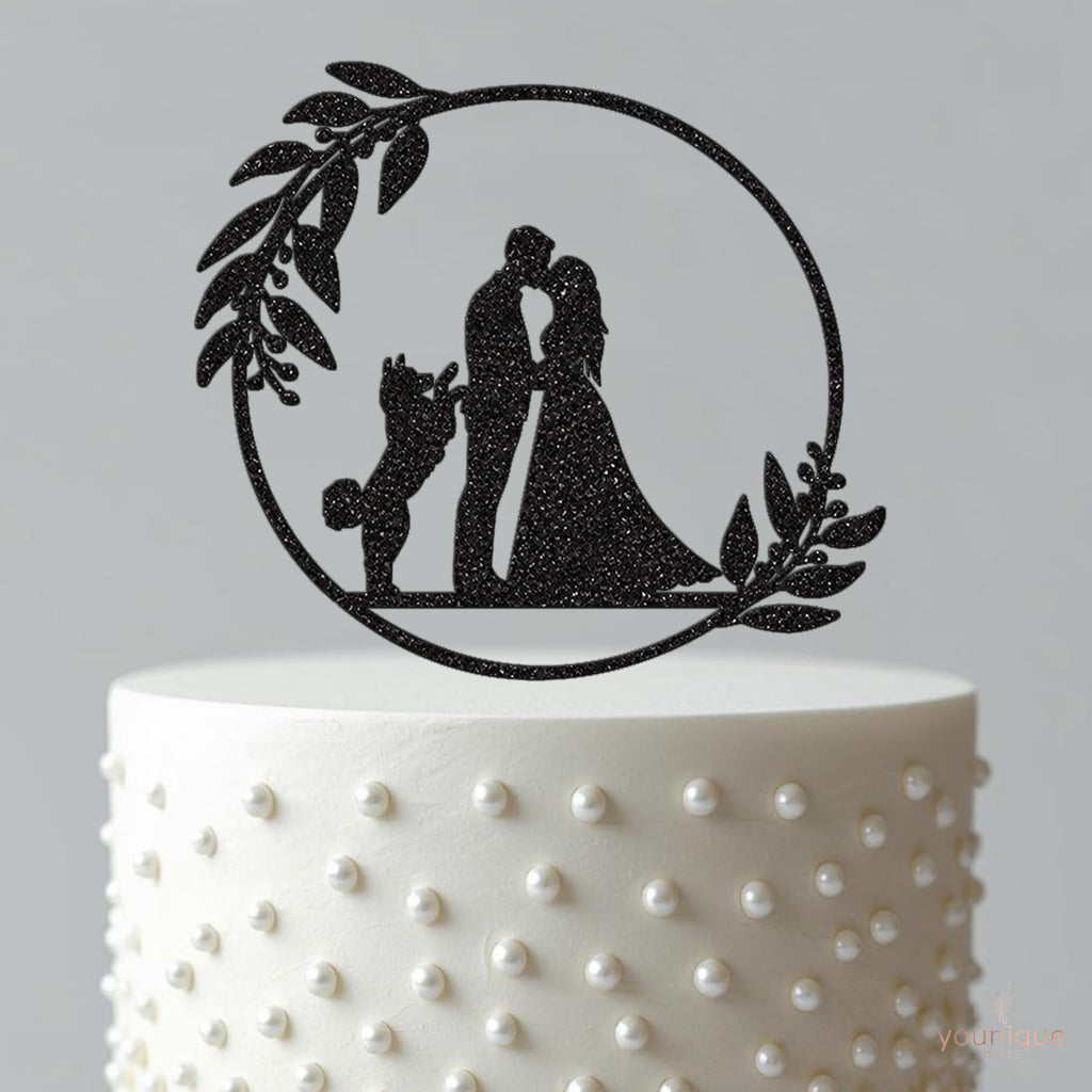 Kissing Couple & Jumping Dog Olive Wreath Wedding Cake Topper - view 4