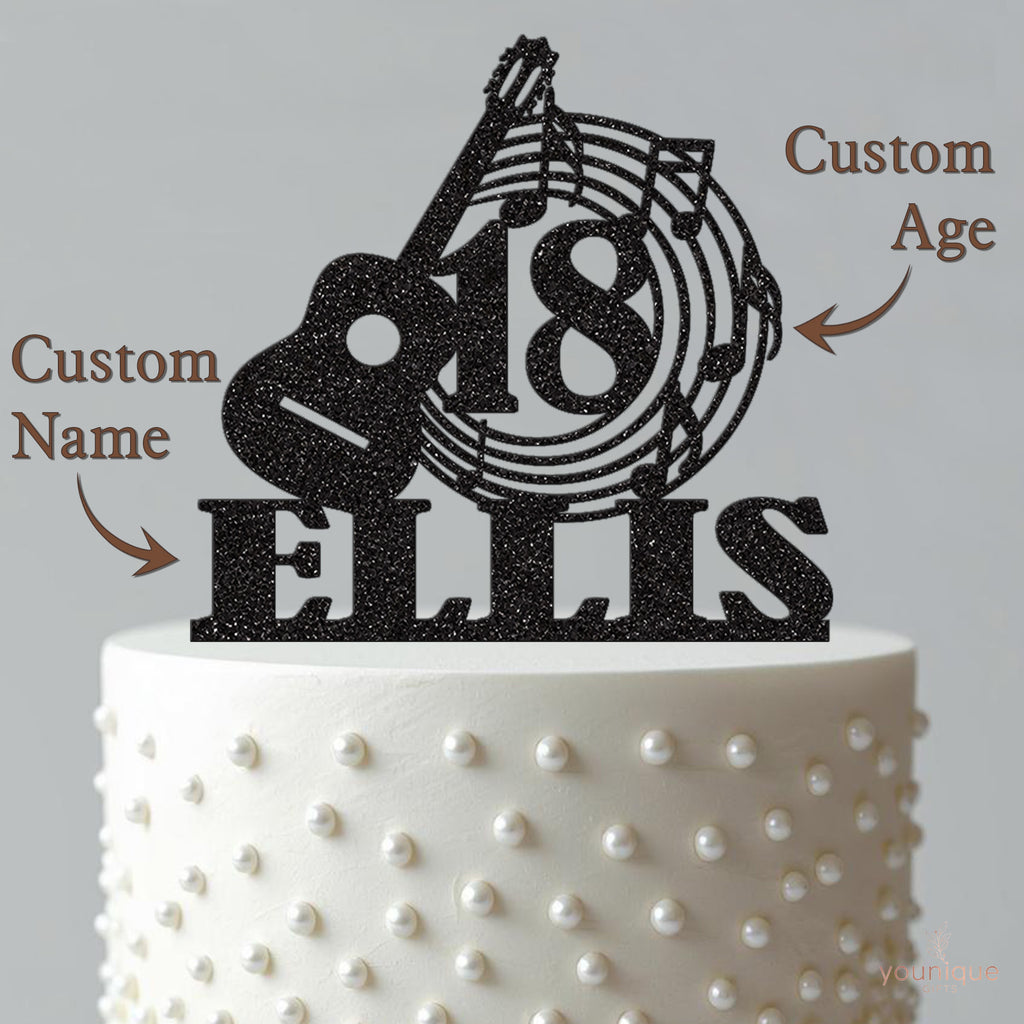 Personalised Acoustic Guitar & Music Notes Cake Topper – Name & Age - view 4