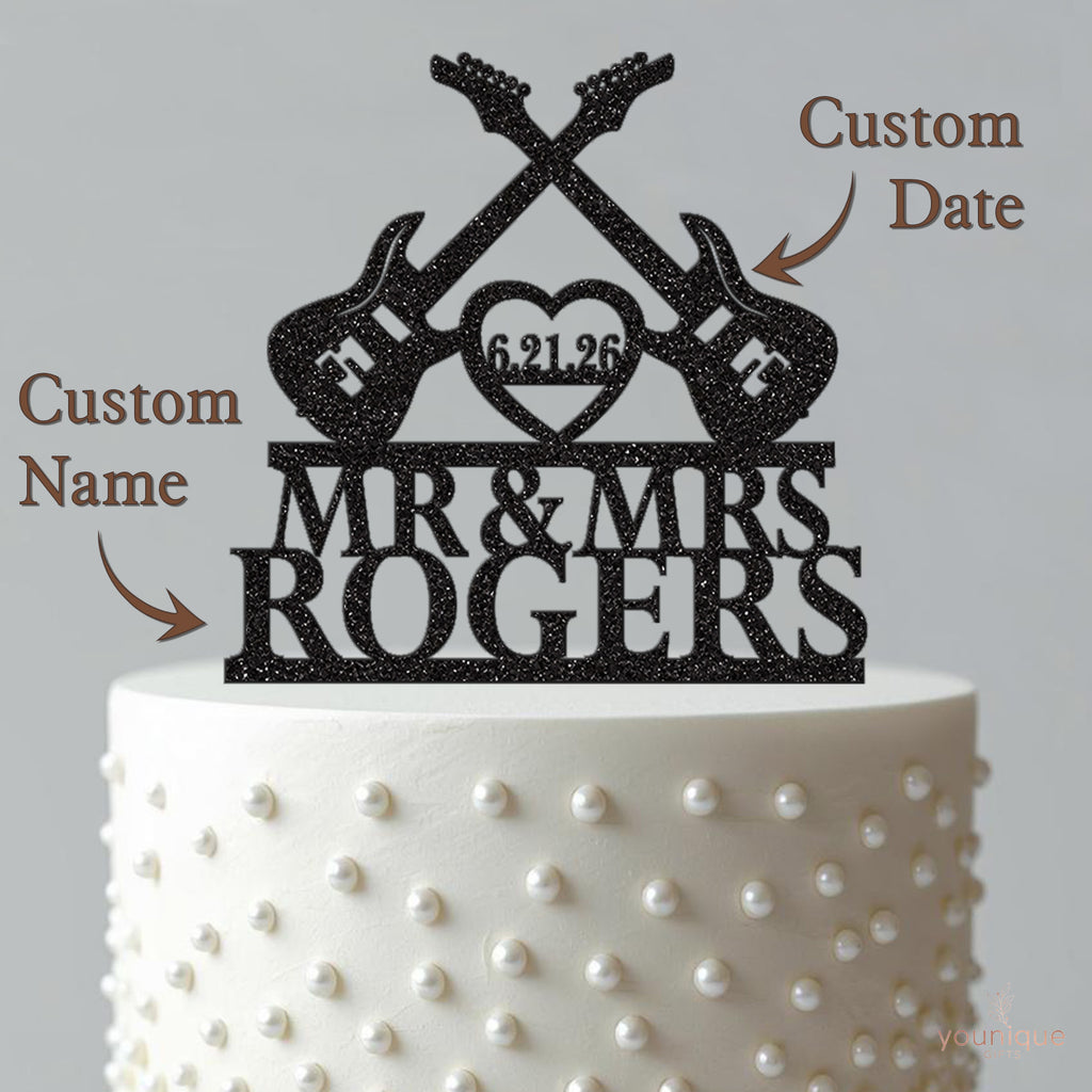 Personalised Crossed Guitars Wedding Cake Topper – Surname & Date - view 4
