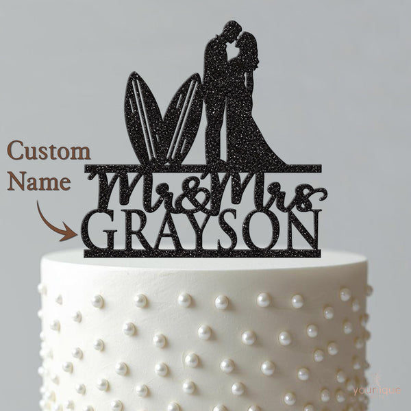 Personalised Surfing Couple Wedding Cake Topper – Surname - view 4