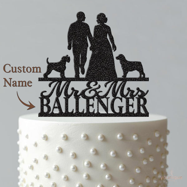 Personalised Wedding Couple & Two Dogs Cake Topper – Surname - view 4