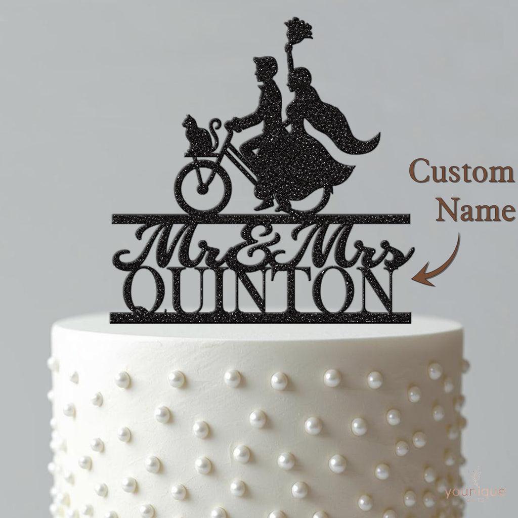 Personalised Bicycle Wedding Couple & Cat Cake Topper – Surname - view 4