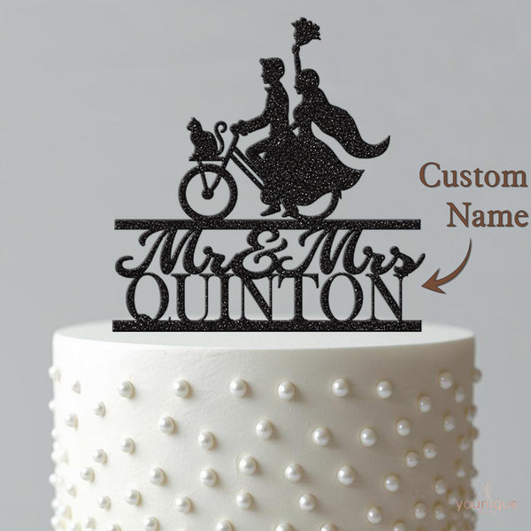 Personalised Bicycle Wedding Couple & Cat Cake Topper – Surname - view 4