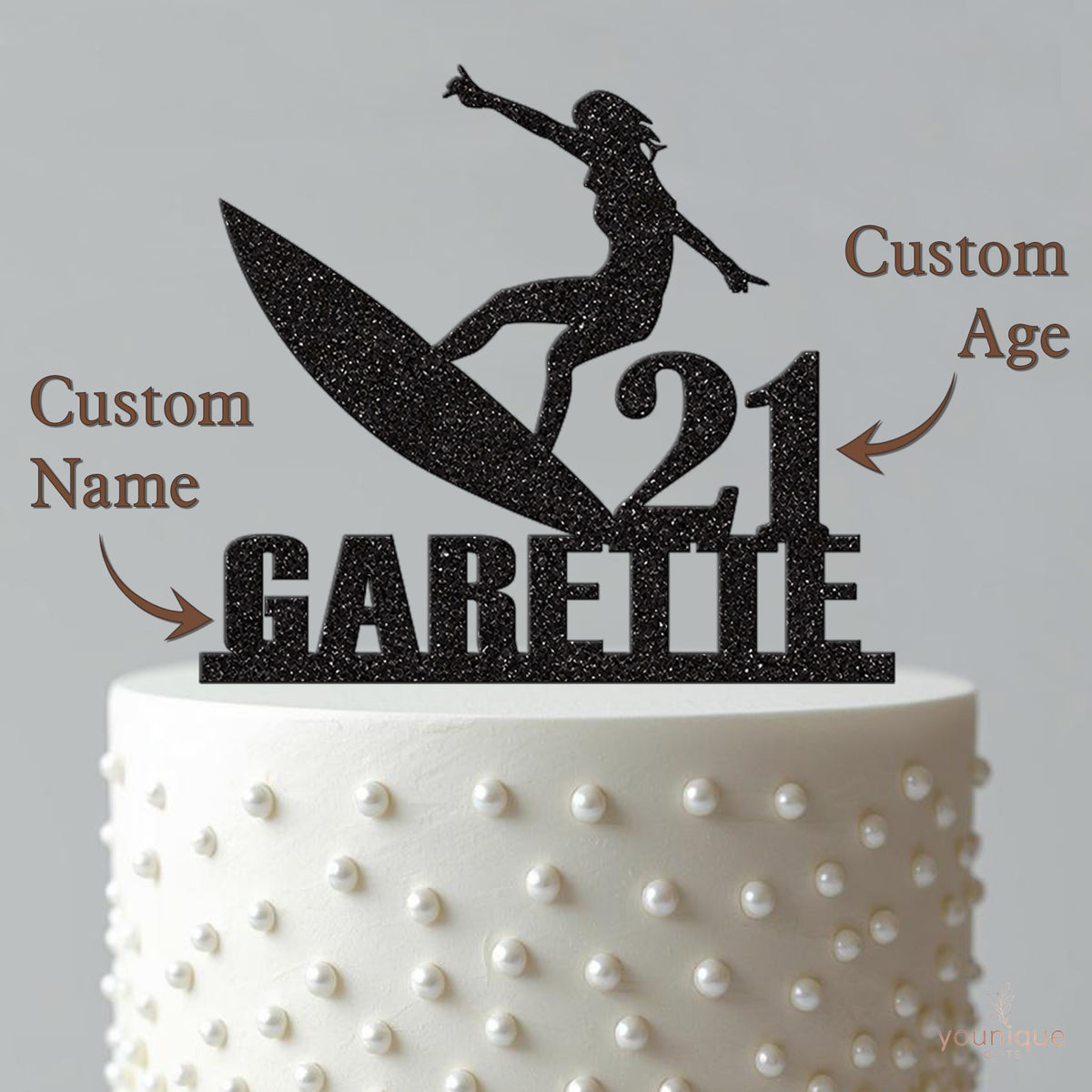 Personalised Female Surfer on Board Cake Topper – Name & Age - view 4