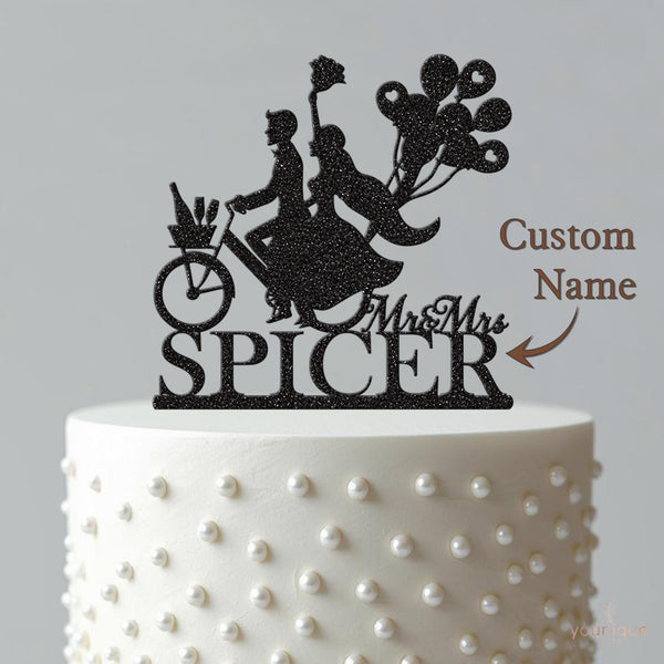 Personalised Bicycle Wedding Couple & Balloons Cake Topper – Surname - view 4