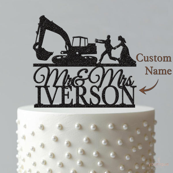 Personalised Excavator Wedding Couple Cake Topper – Surname - view 4
