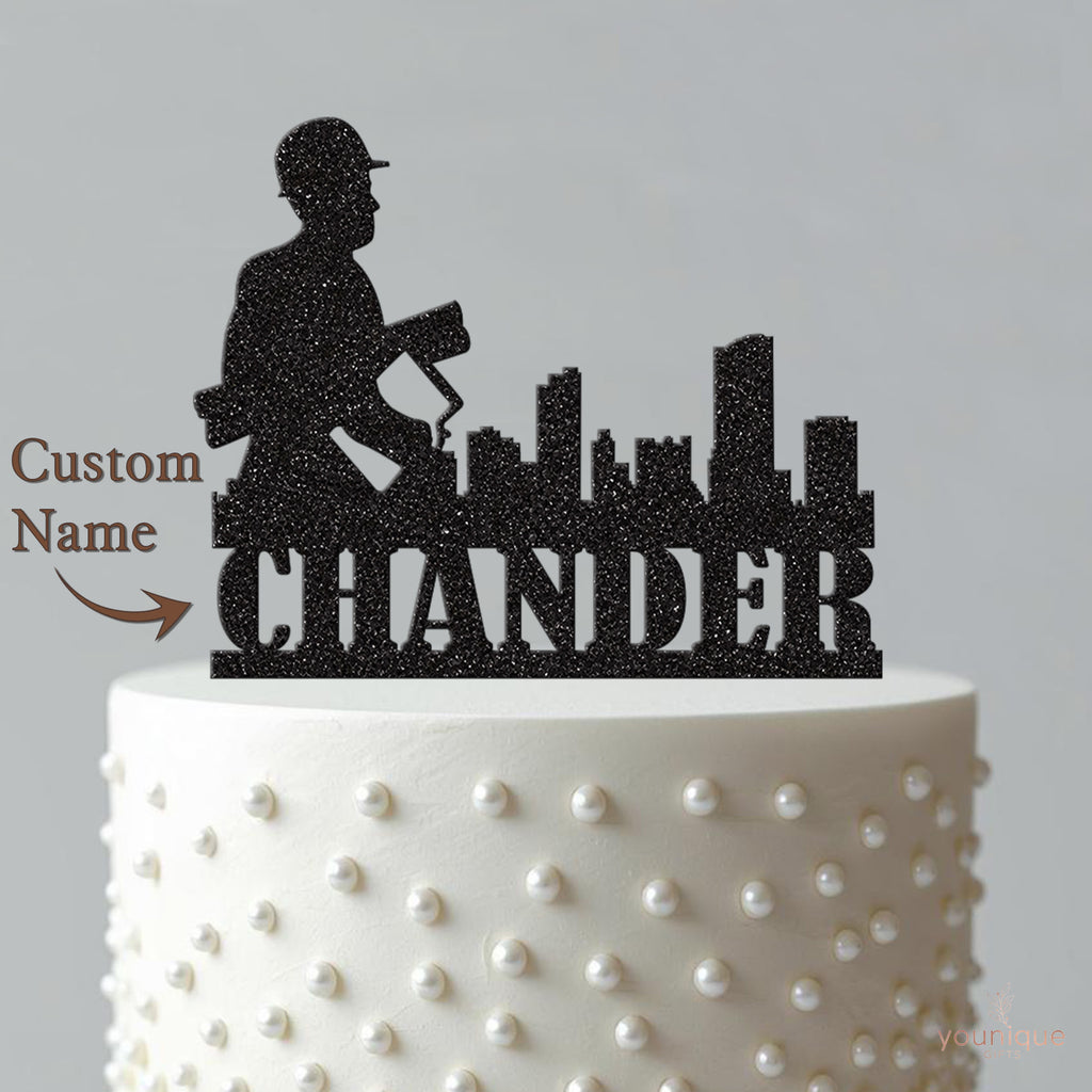 Personalised Construction Worker Skyline Cake Topper – Name - view 4