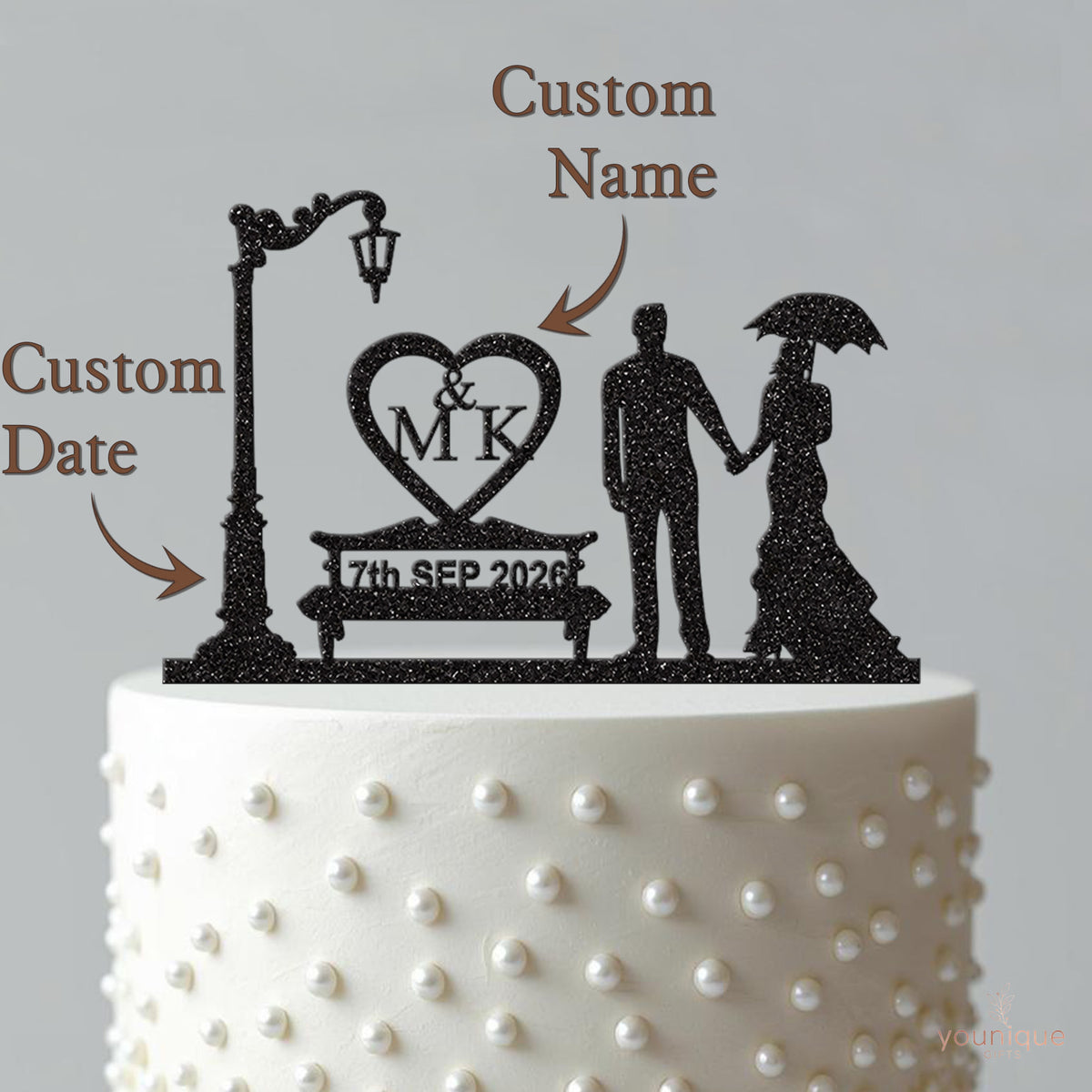 Personalised Umbrella Couple Heart Cake Topper – Initials & Date - view 4