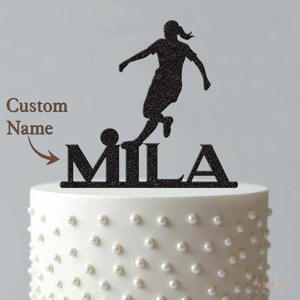 Personalised Female Footballer Silhouette Cake Topper – Name - view 4