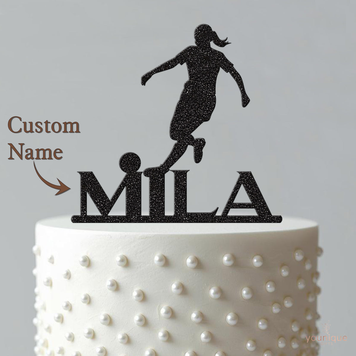 Personalised Female Footballer Silhouette Cake Topper – Name - view 4