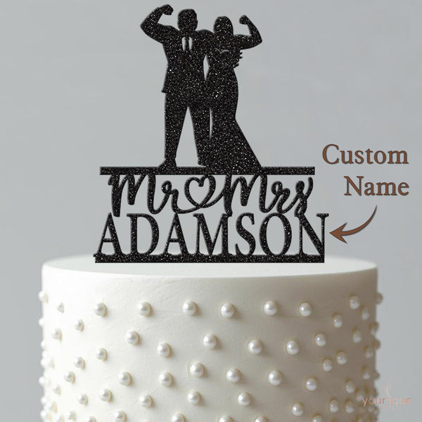 Personalised Flexing Fitness Couple Wedding Cake Topper – Surname - view 4