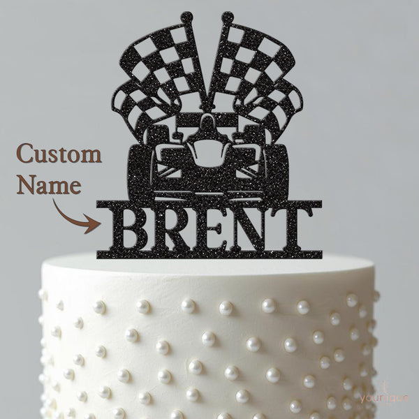 Personalised Chequered Flag Racing Car Cake Topper – Name - view 4