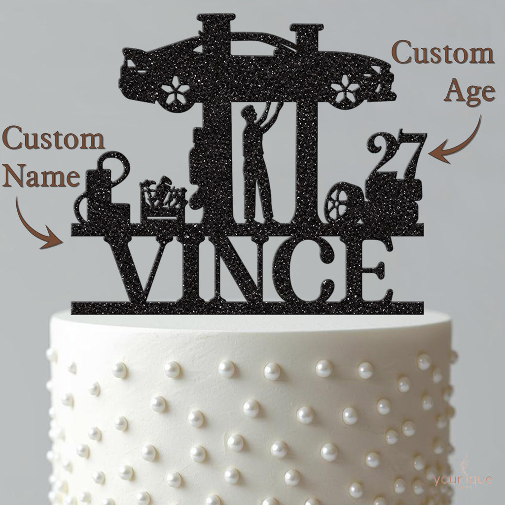 Personalised Mechanic and Car Lift Cake Topper – Name & Age - view 4