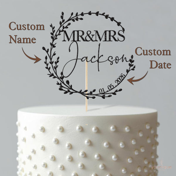 Personalised Leaf Wreath Wedding Cake Topper – Surname & Date - view 4