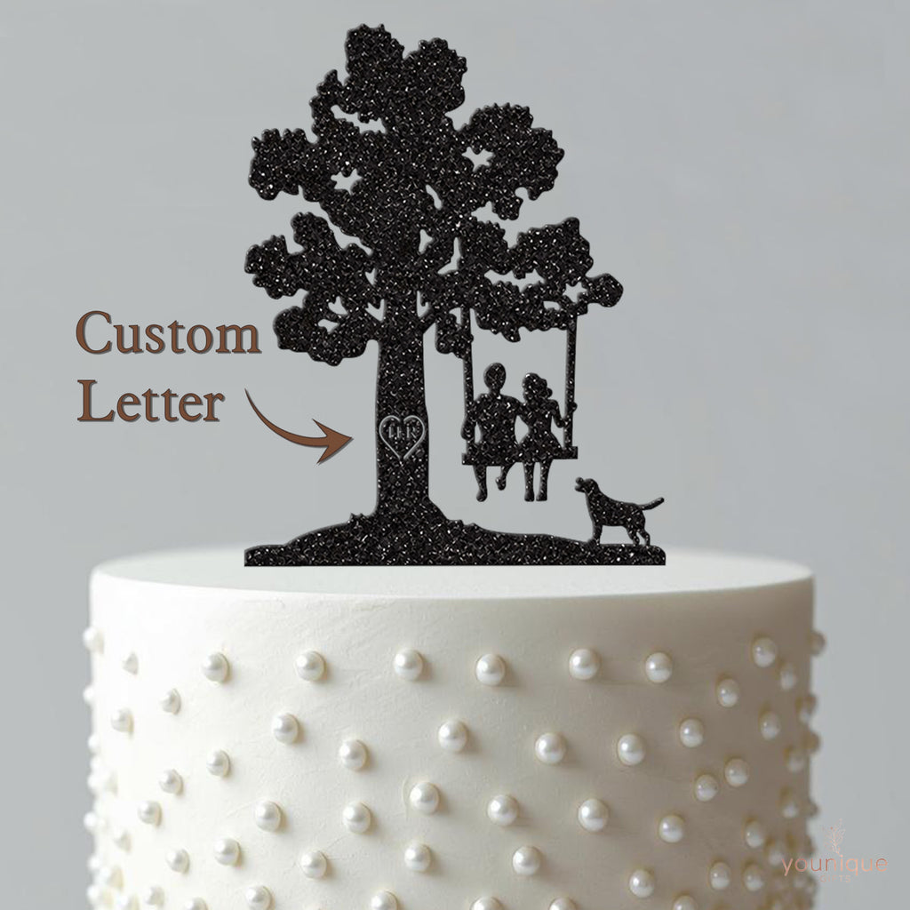 Personalised Tree Swing Couple with Dog Cake Topper – Initials - view 4