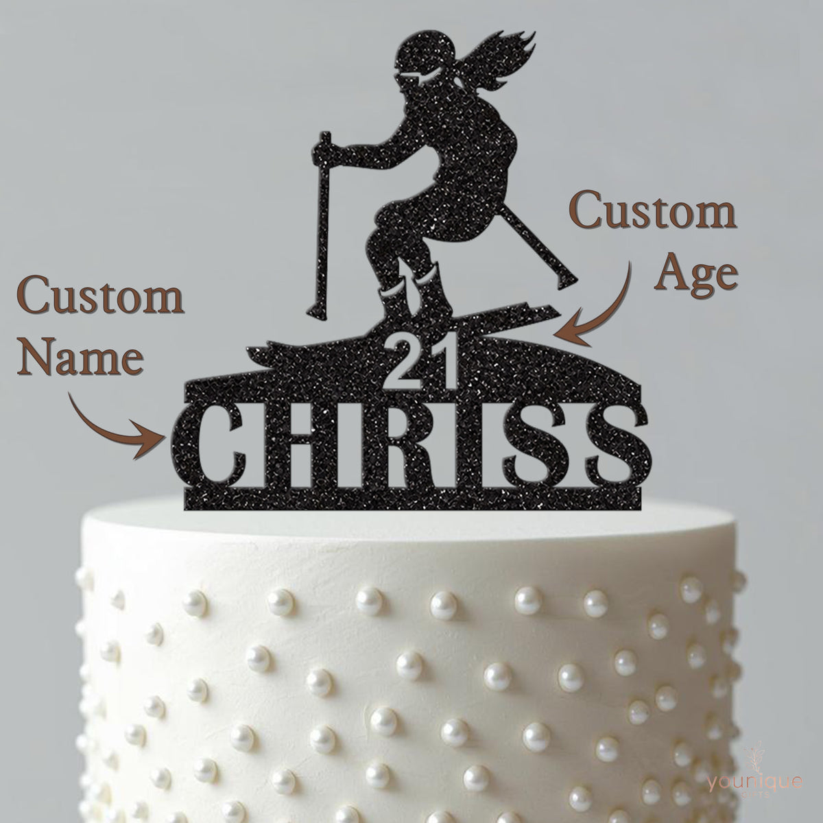 Personalised Female Skier Cake Topper – Name & Age - view 4