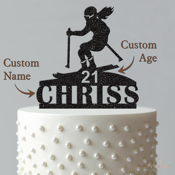 Personalised Female Skier Cake Topper – Name & Age - view 4