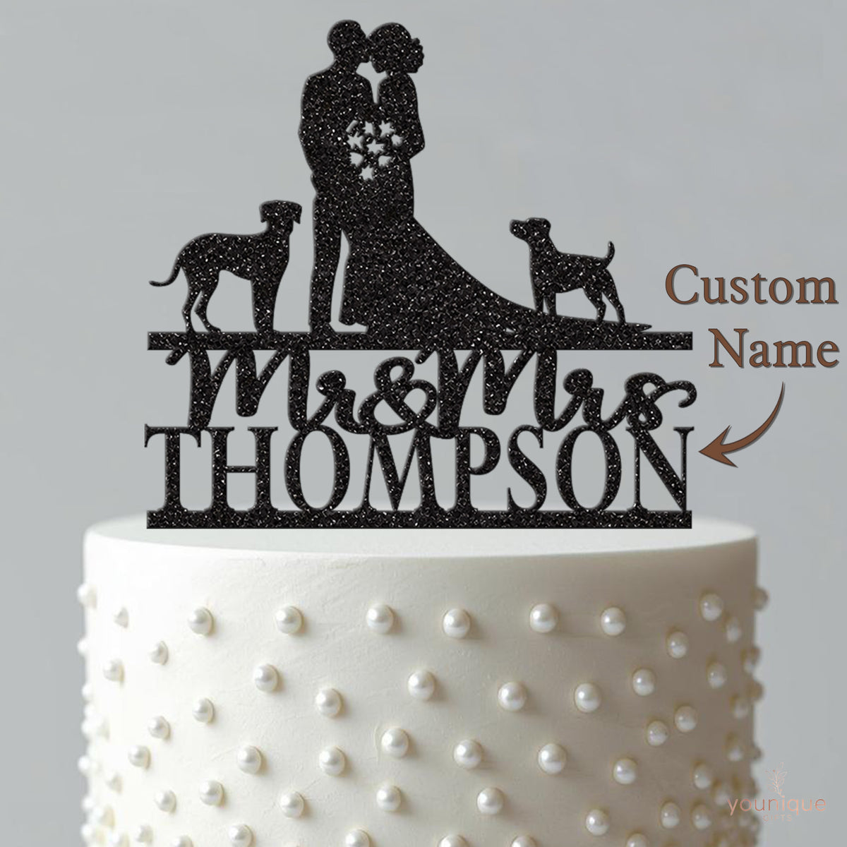 Personalised Wedding Couple with Two Dogs Cake Topper – Surname - view 4