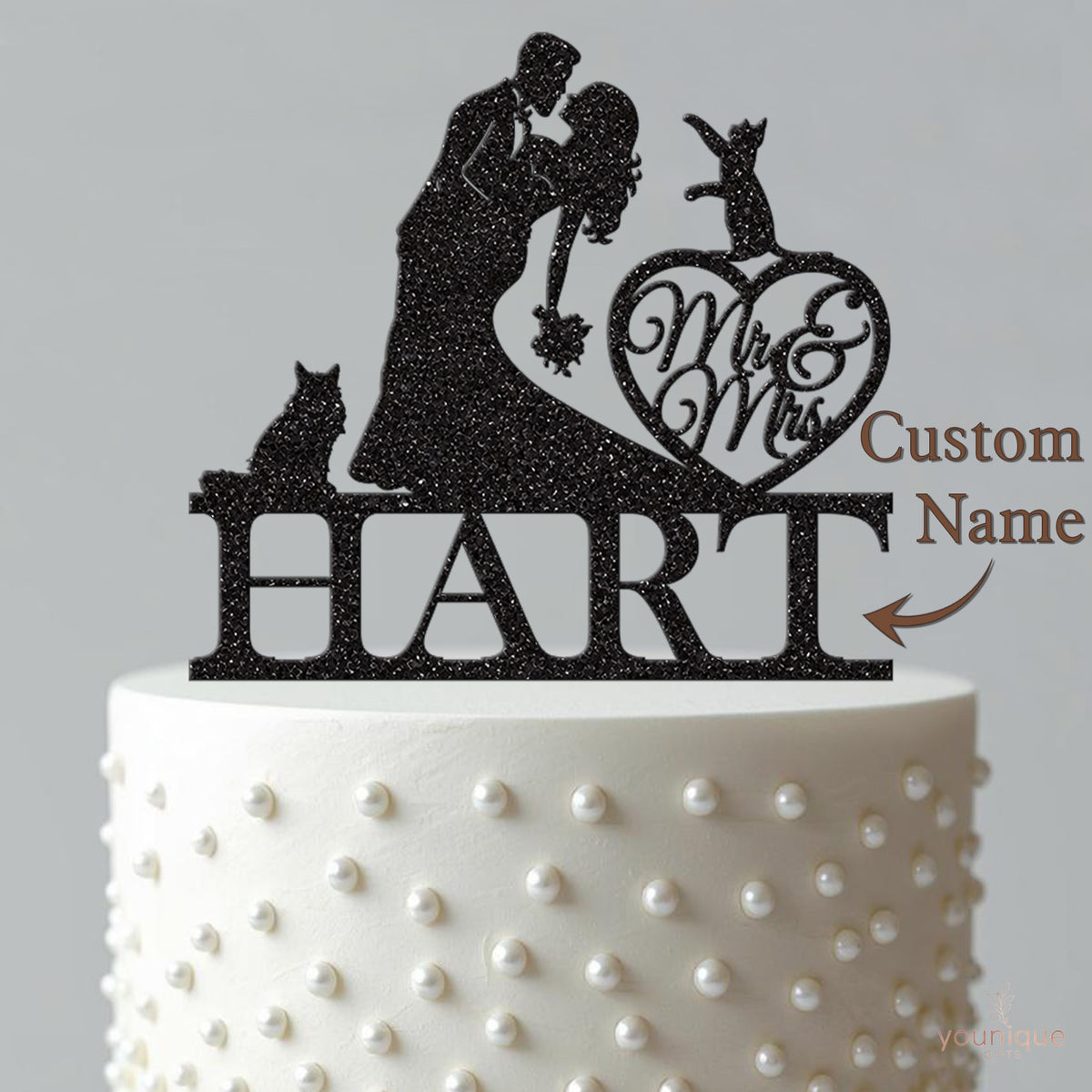 Personalised Dipped Kiss Couple with Cats Wedding Cake Topper – Surname - view 4