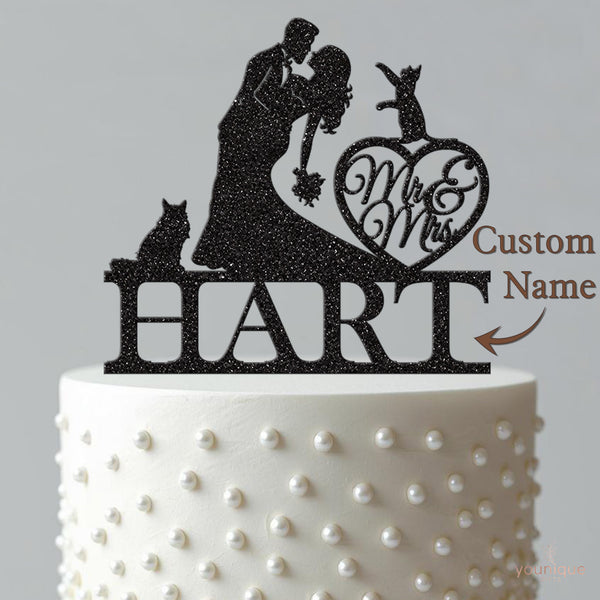 Personalised Dipped Kiss Couple with Cats Wedding Cake Topper – Surname - view 4