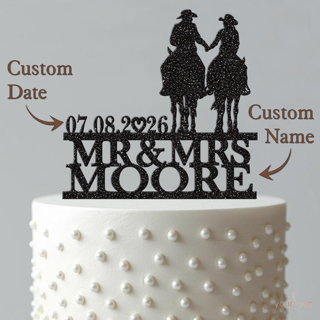 Personalised Horseback Couple Cake Topper – Surname & Date - view 4