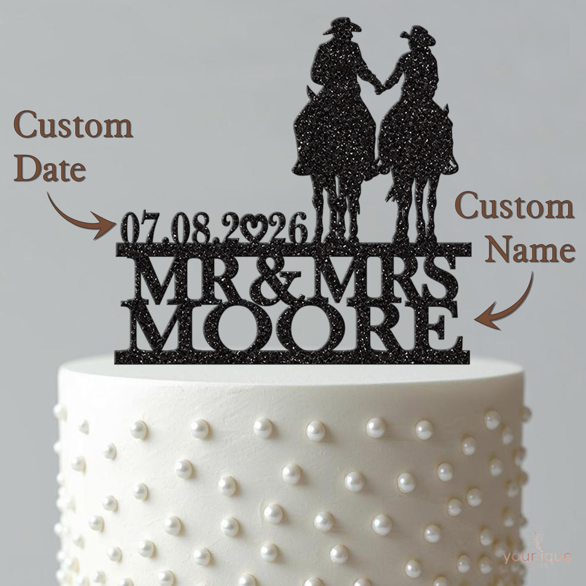 Personalised Horseback Couple Cake Topper – Surname & Date - view 4