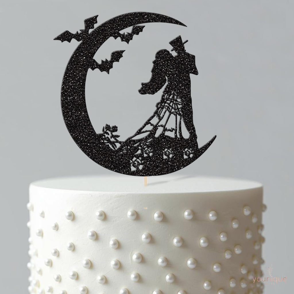 Gothic Wedding Couple Crescent Moon Cake Topper - view 4