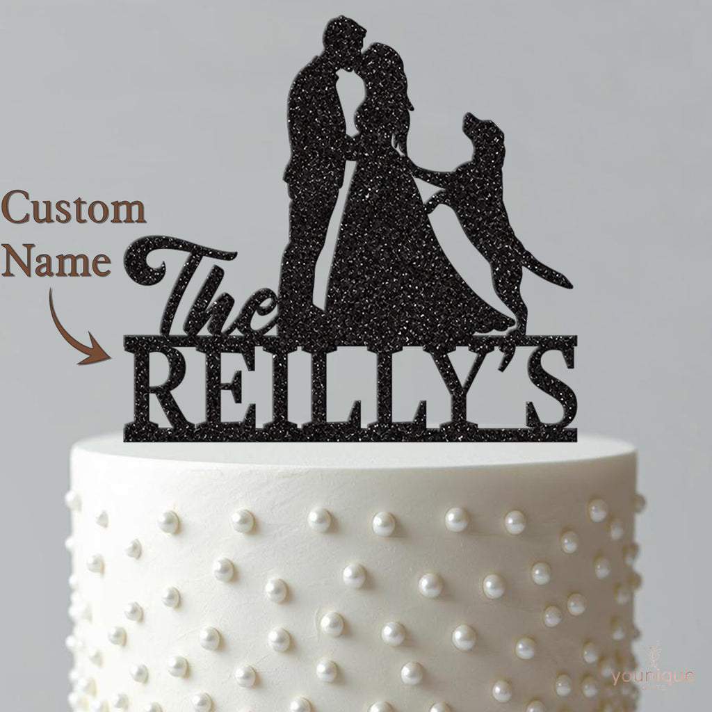 Personalised Wedding Couple with Jumping Dog Cake Topper – Surname - view 4