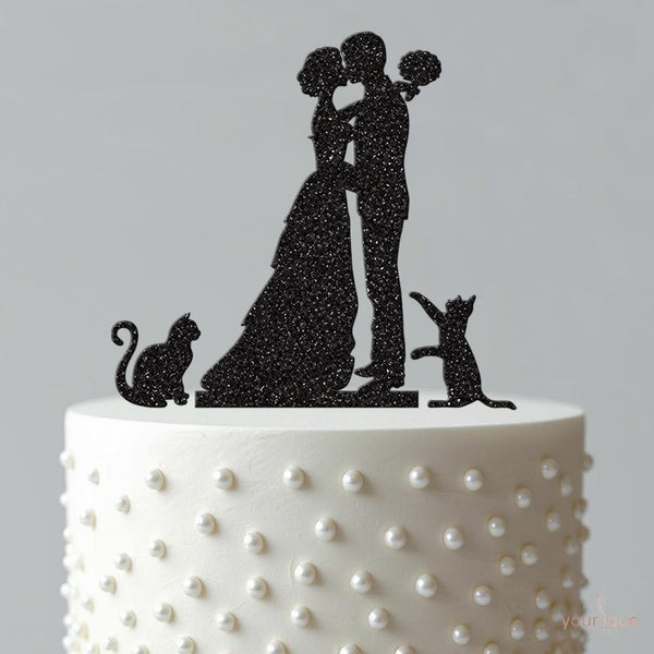 Kissing Wedding Couple with Two Cats Cake Topper - view 4