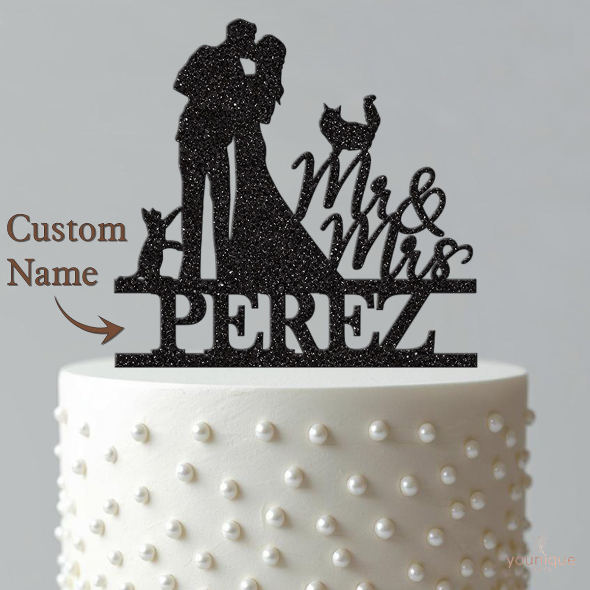 Personalised Wedding Couple with Two Cats Cake Topper – Surname - view 4