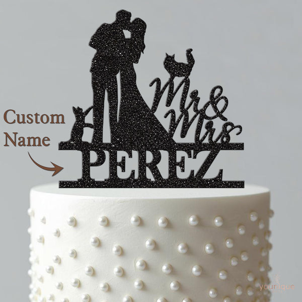 Personalised Wedding Couple with Two Cats Cake Topper – Surname - view 4