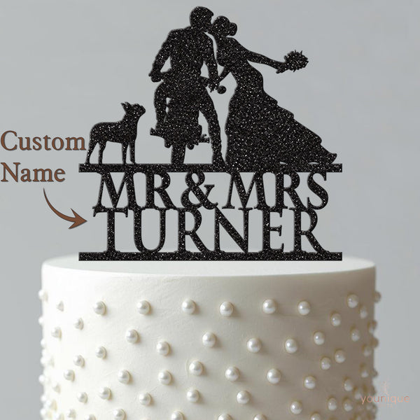 Personalised Motorbike Wedding Couple and Dog Cake Topper – Surname - view 4