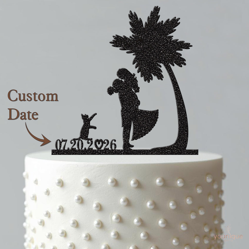 Personalised Palm Tree Wedding Couple and Cat Cake Topper – Date - view 4