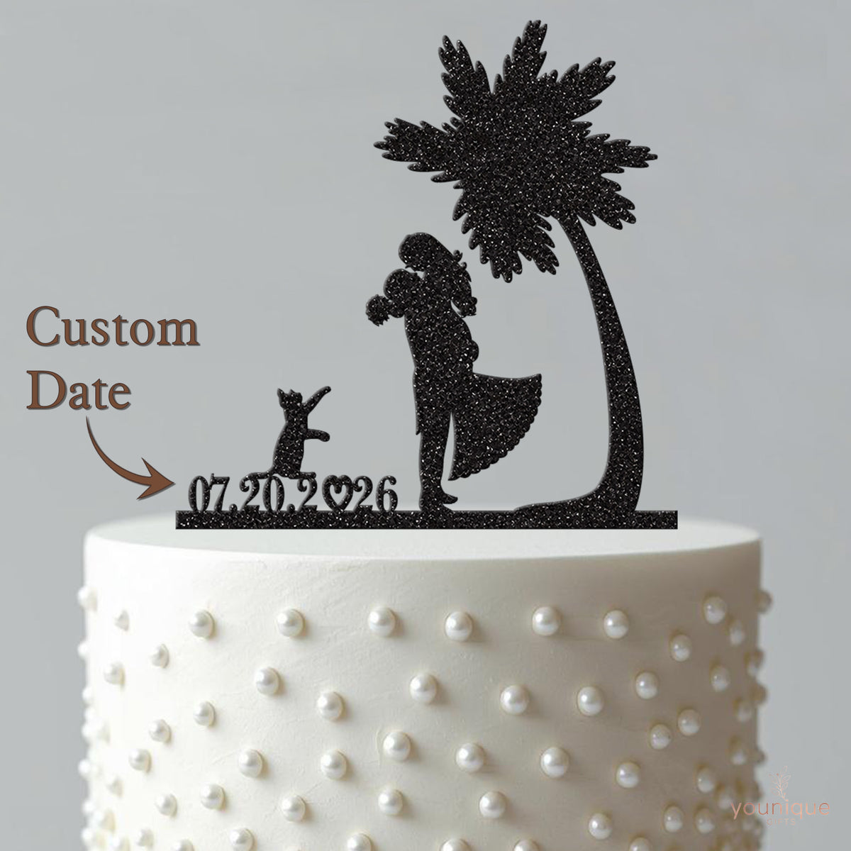 Personalised Palm Tree Wedding Couple and Cat Cake Topper – Date - view 4