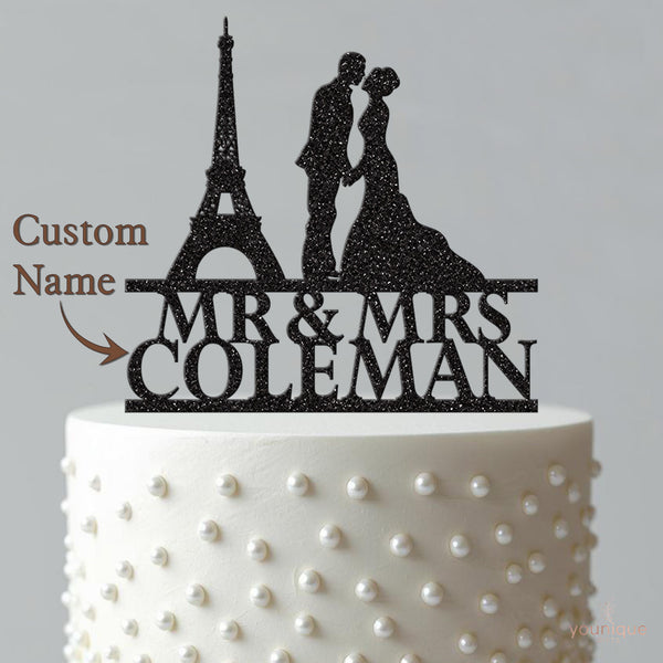 Personalised Eiffel Tower Wedding Couple Cake Topper – Surname - view 4