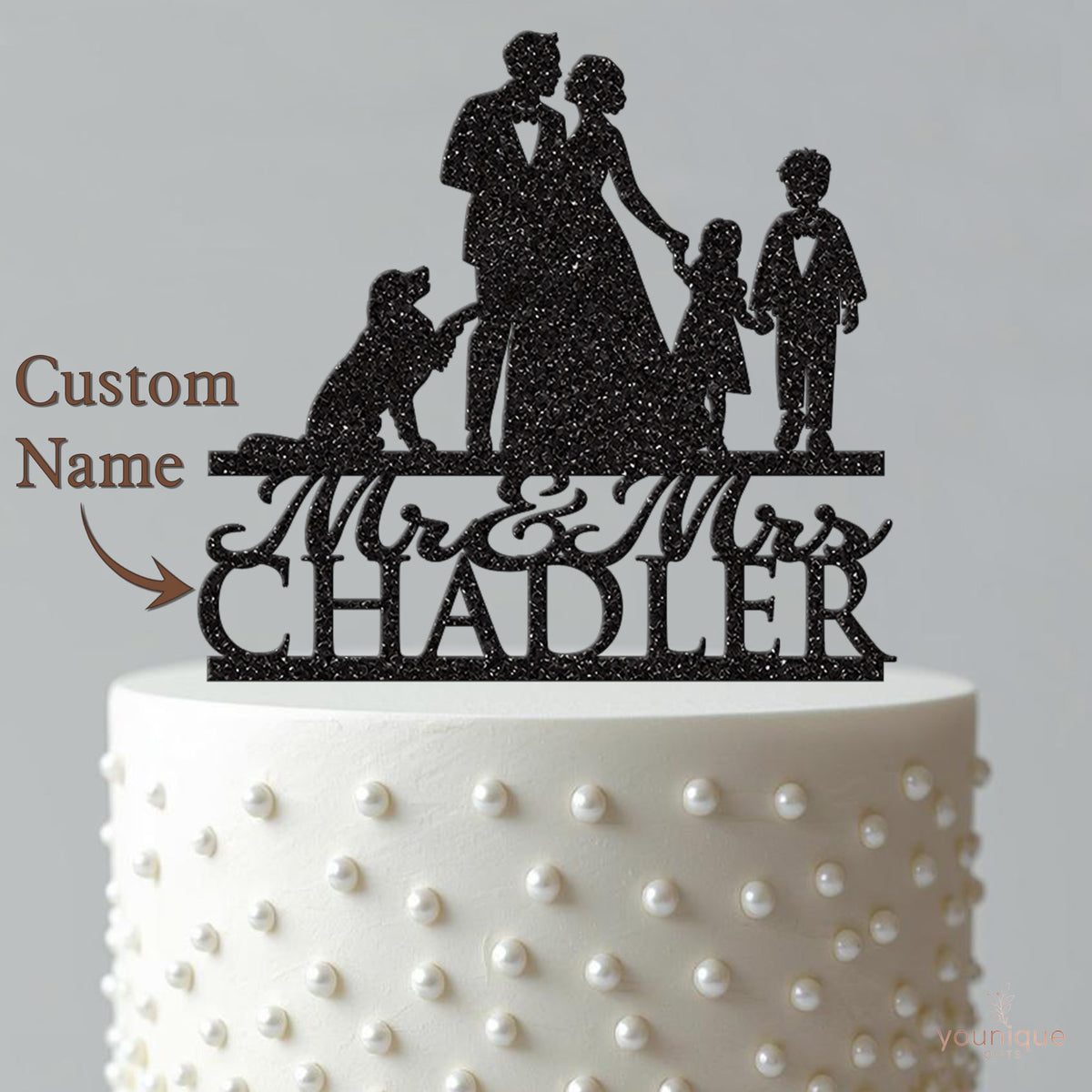 Personalised Wedding Couple with Two Children and Dog Cake Topper – Surname - view 4